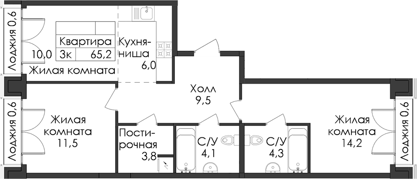 2-комнатная квартира 65.2 м², 8/9 эт., ЖК «Лермонтовский 54»